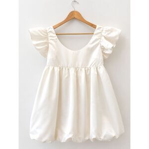 Day + Moon White Bubble Hem Mini Dress Medium Ruffle Sleeve Cottagecore EUC